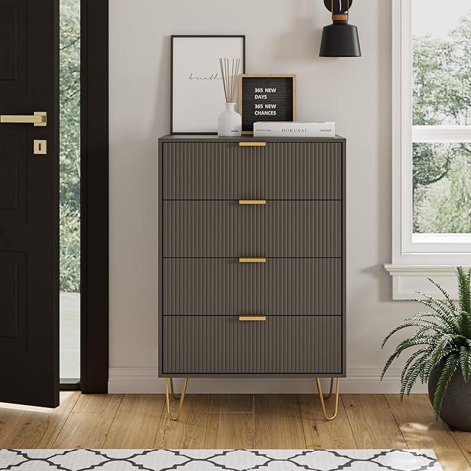 Masupu 4 Drawer Dresser, Drawer Chest, Tall Storage Dresser Chest Cabinet Organizer Unit with Gold Metal Legs, Nightstand for Bedroom, Living Room, Closet, Hallway Gray Stripe
