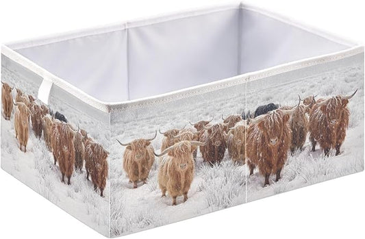 linqin Scottish Highland Cow Print Rectangle Storage Basket, Foldable Open Storage Bins Baby Nursery Organizing with Handles for Shelves Closet Home Decor