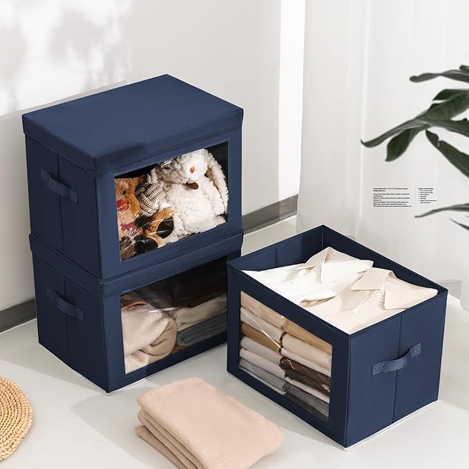 Stackable Storage Bins with Lids - Large Decorative Basket with Lids, Fabric Foldable Closet Organizer Bins, Shelf Organizer for Living Room, Dorm, 5 Pack, Navy Blue