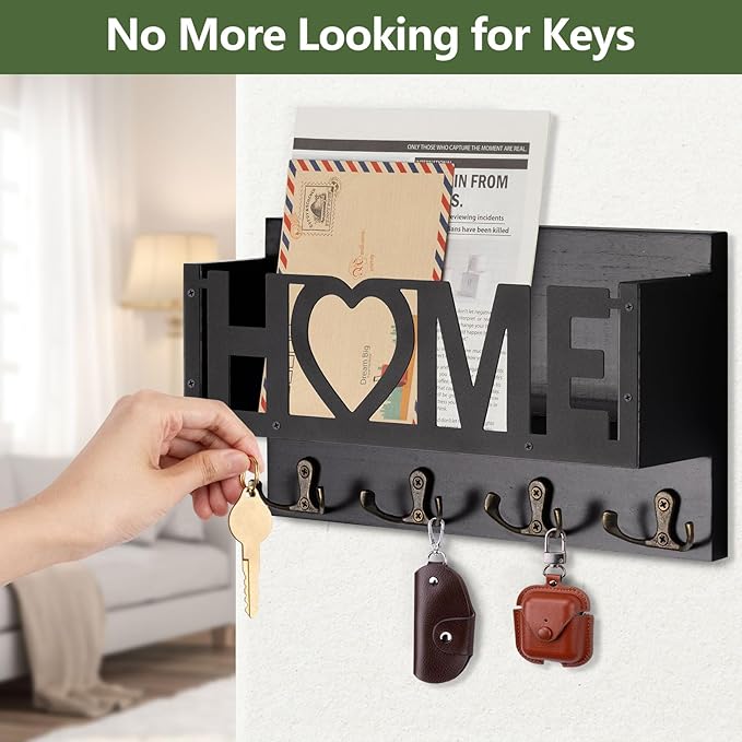 Wall Mount Mail and Key Holder, Wooden Mail Organizer with 4 Double Hooks, Black Metal Letters, Farmhouse Home Decor, Entryway Storage, 10.8 x 3.3 x 6.2 Inches