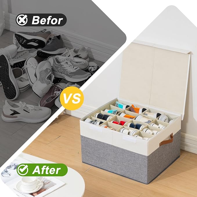 Shoe Storage Box for Closet Fits 16 Pairs, Large Shoe Organizer Box Bin Containers with Lid and Adjustable Dividers for Sandals, High Heels, Sneakers (Grey and White)