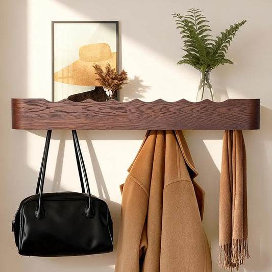 Wall Coat Rack Floating Shelves Modern Coat Rack Wall Mount with Storage Entryway Shelf Wooden Hanger 20 Inch 4 Hidden Metal Hooks for Living Room Bedroom (Wavy Walnut Color, 8 Hooks)