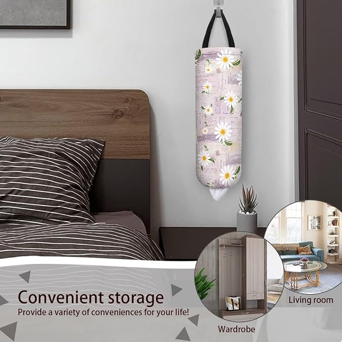 Pink Daisy Newspaper Plastic Bag Holders Wall Mount Hanging Shopping Trash Bag Storage Organizer Grocery Bags 2PCS Hanging Plastic Bag Pouch for Home Office Kitchen