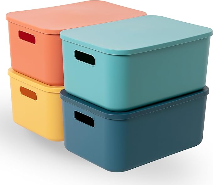 Plastic Storage Bins with Lid, Stackable Storage Containers for Organizing, Decorative Storage Baskets for Shelves Living Room Playroom Classroom Office (Medium (4 PCS))