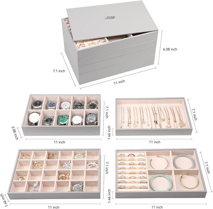Voova Stackable Jewelry Organizer Tray with Lid, PU Leather Jewelry Storage Holder for Drawer Inserts, Jewellery Display Box Case for Earring Necklace Ring Watch Bracelet (Set of 4, Grey)
