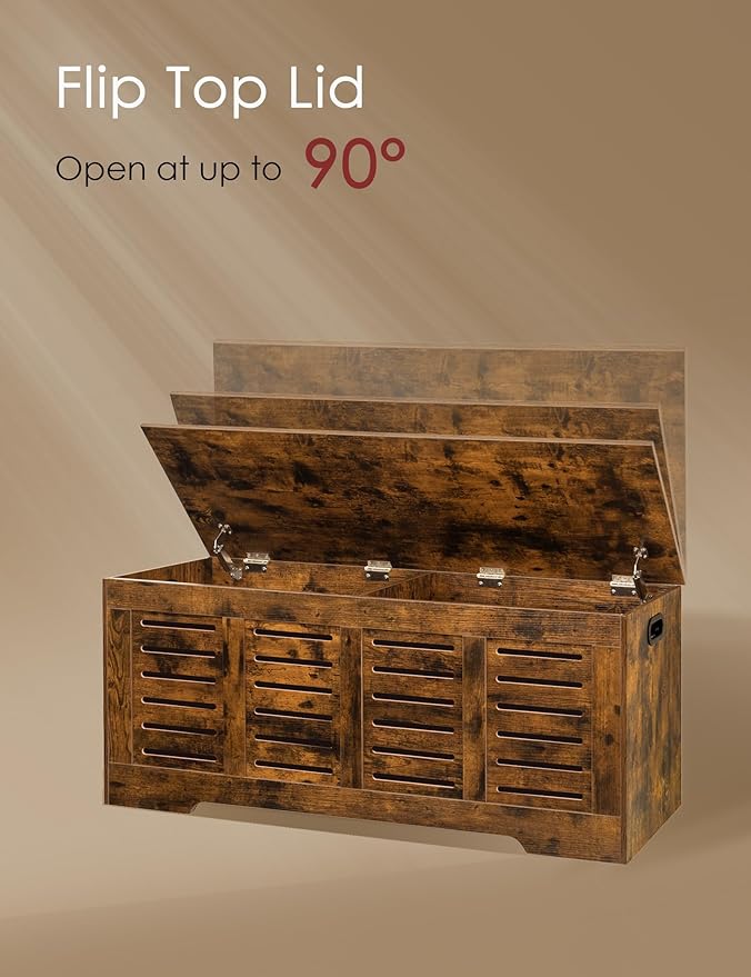DINZI LVJ Storage Chest, 47.3â Wooden Toy Box with 2 Safety Hinges, Retro Entryway Shoe Storage Bench with Flip-Top, Sturdy Large Storage Trunk for Living Room, Bedroom, Easy Assembly, Rustic Brown