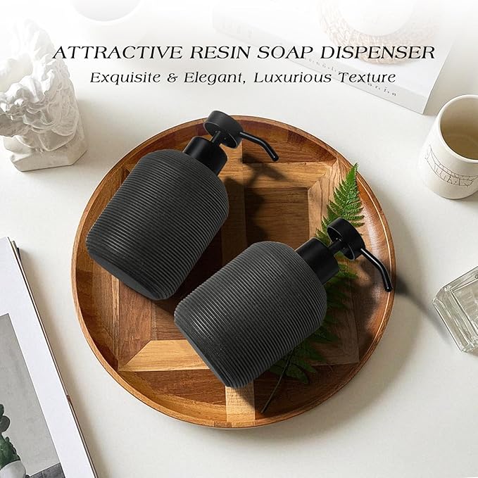 Black Hand Soap Dispenser, Matte Black Soap Dispenser for Bathroom 2 Pack, 12 Fl Oz Resin Soap and Lotion Dispensers Set with Plastic Pump, Boho Refillable Liquid Dish Soap Dispensers Bottle