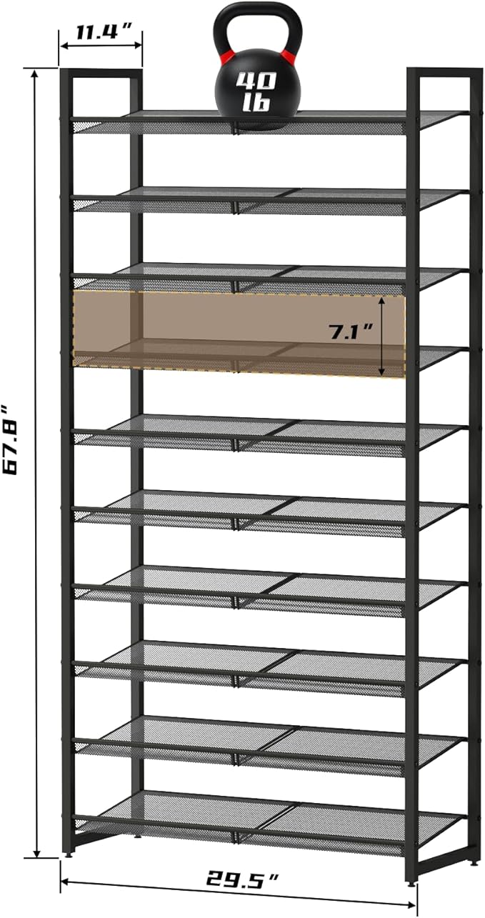 Shoe Rack, 10-Tier Metal Shoe Organizer, Tall Shoe Rack for Closet,entryway,Garage, with Adjustable Flat or Angled Shelves, 42-50 Pairs,Shoes That can accommodate The Whole Family.