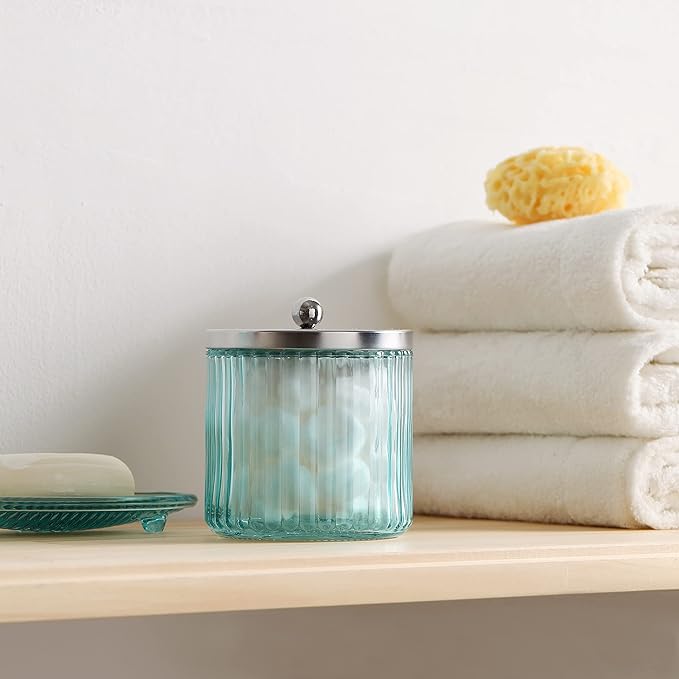KMwares 2-Pack Glass Bathroom Jars – Blue Ribbed Glass with Lids – Cotton Ball, Q-Tip, Swab, Floss Holder – Modern Organizer for Bathroom, Vanity – Decorative Countertop Storage (Turquoise Blue)