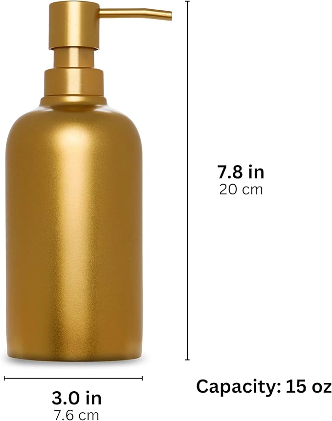 Gold Soap Dispenser for Kitchen & Bathroom – 15 oz Refillable Resin Pump Bottle for Dish Soap, Hand Soap, Shampoo, Conditioner – Modern Countertop Dispenser with Non-Slip Protective Pads
