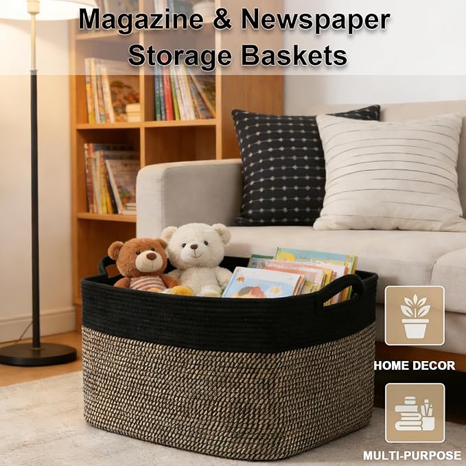 Magazine & Newspaper Baskets,Large Woven Rope Blanket Basket,24"x16"x15"Storage Bin with Handle,Toys Storage,Laundry Basket for Home Organization/Living Room/Nursery/Bedroom,Black&Jute