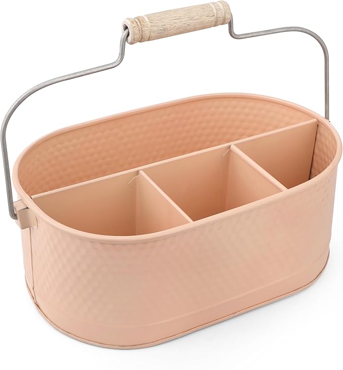 Alpha Living Home Metal Utensil Caddy - 4 Compartment Silverware, Flatware, Cutlery Holder with Handle - Kitchen Organizer for Countertop, Buffet, Picnic, BBQ, Farmhouse(Peach)
