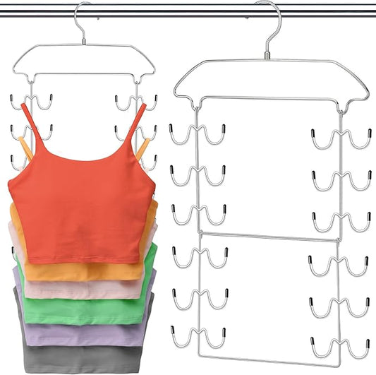 2 Pack Tank Top Hanger Space Saving, 6 Tier Metal Bra Hangers with 24 Hanging Hooks, 360° Rotating Closet Organizers and Storage, Small Space Solutions, RV Apartment College Dorm Room Essentials