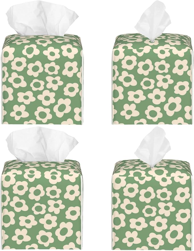 Tissue Box Holder Green Groovy Flower Tissue Box Cover Square Leather Tissue Holder Organizer Portable Decorative Facial Paper Case for Home Office Bathroom Vanity Countertop