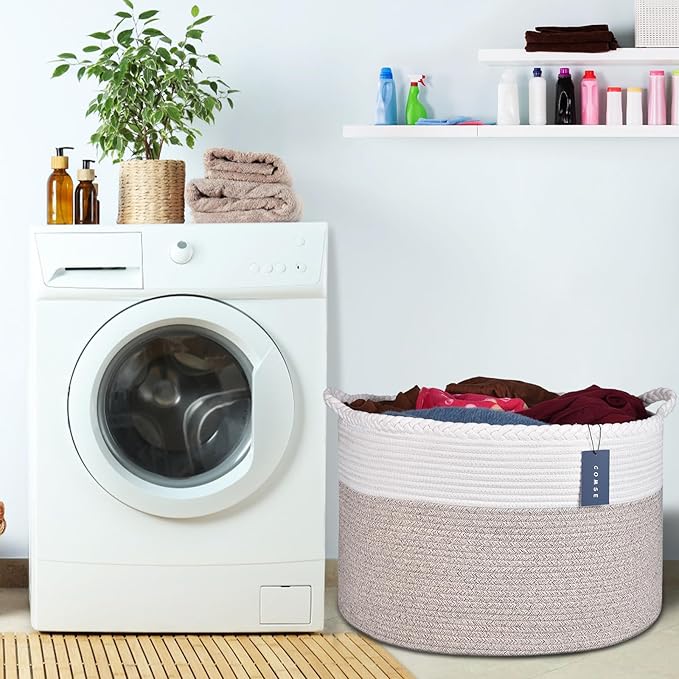 COMSE Extra Large Blanket Basket, Woven Laundry Basket, 21.7âx 13.8â, Nursery Hamper, Cotton Rope Laundry Hamper Living Room for Storage Toys Clothes Towels (White & Light Brown)