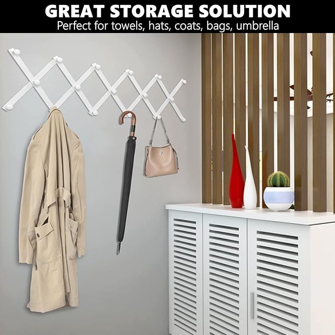 Amber Home Wood Accordion Wall Rack 17 Hooks (Pegs), Expandable Wall Mounted Hanger for Coat, Hat, Scarf, Coffee Mugs, X Shape Coat Hooks (White Color)