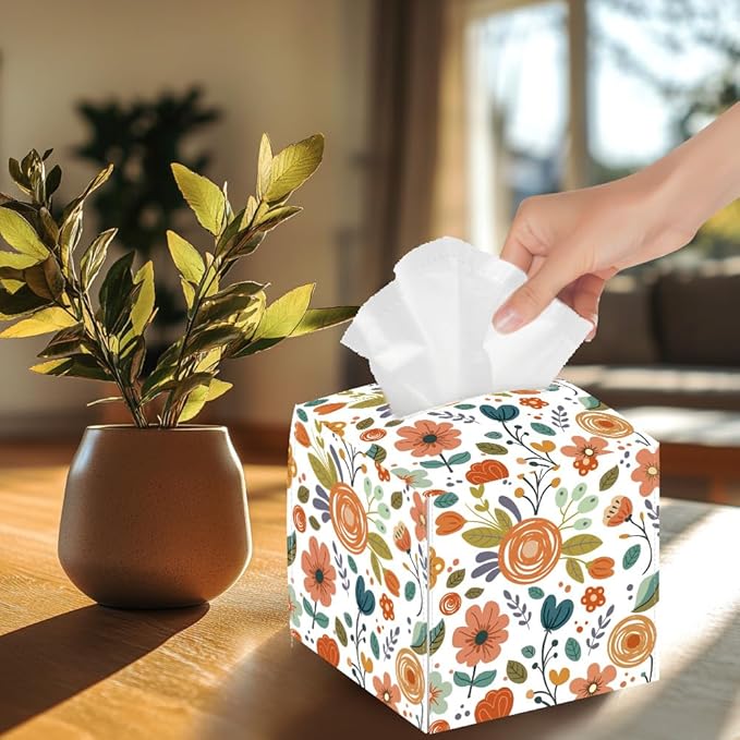 Flowers Leaves Tissue Box Holder, Square Tissue Box Cover Foldable Tissue Storage Box Waterproof Tissue Box Holder for Bedroom Office Bathroom Car Nightstand Home Decor
