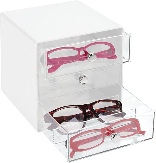 iDesign Divided 3-Drawer Stackable Organizer for Glasses, Sunglasses, and Readers - White/Clear