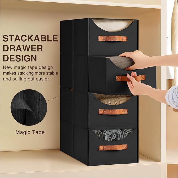 Stackable Storage Drawers - Collapsible Storage Bins with Drawers, 6 Pack Small Closet Organizer Bins, Fabric Pull Out Organizer for Bedroom, Living Room, Dorm, Black