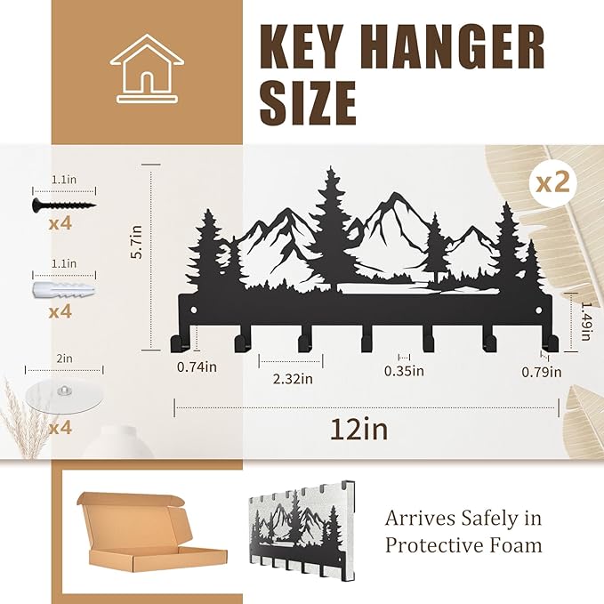 GPANDAG 2 Pack Key Holder Wall Mount with 14 Key Hooks, 12"x5.7" 20LB Metal Key Hangers for Kitchen/Living Room/Entryway/Apartment | Key Rack Hold Coat/Leash/Christmas/Home Decor | Dual Mount,Mountain
