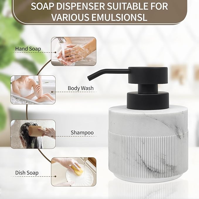 12.5oz Resin Soap Dispenser for Bathroom Countertop, Refillable Hand Soap Lotion Dispenser with Rust Proof Pump for Kitchen Countertop, Easy-to-Press, Marble White