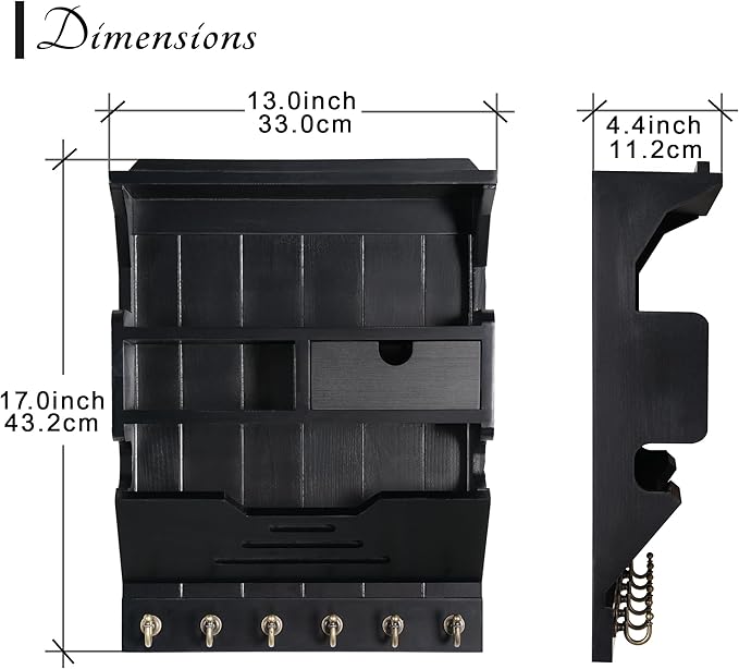 Key Holder for Wall, Elegant Wall-Mounted Mail Organizer with Storage Drawers, Black