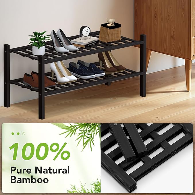 Haddockway 2 Tier Bamboo Shoe Rack Storage Organizer, Multifunctional Free Standing Stackable Shoe Shelf with Grid Panel for Closet,Hallway,Entryway,Small Space 27"x11"x13"