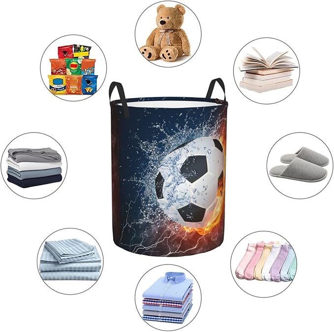 Soccer Ball In Fire And Water Round Laundry Hamper Sport Football Storage Basket Toys Clothes Organizer Bin For Home Bathroom Bedroom Dorm Nursery, 38l