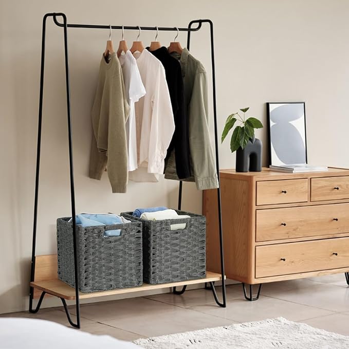 DULLEMELO 11x11 Wicker Baskets for Storage, Plastic Woven Cube Storage Bins for Shelves, Waterproof Foldable Wicker Baskets for Organizing Shelves,Closet, Clothes, Toys-Grey