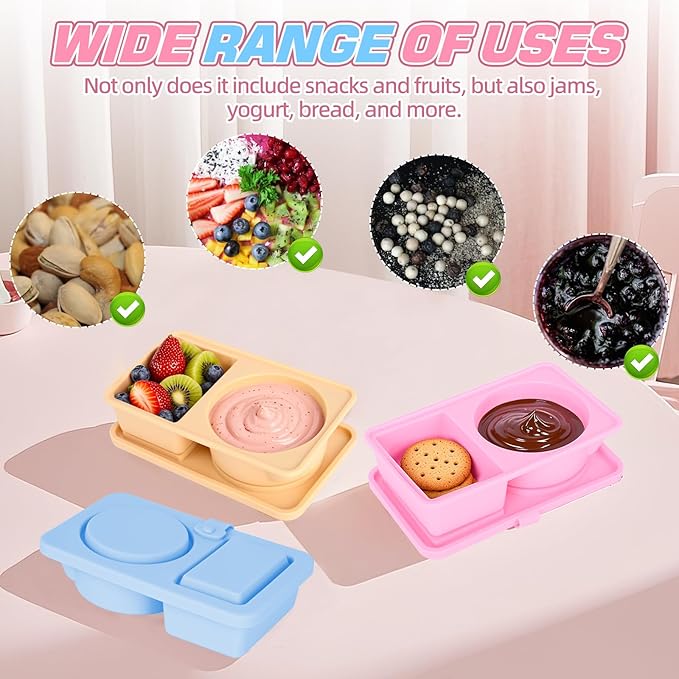 3 Pack Silicone Snack Containers with Lids, Double Compartment Reusable Snackle Box Container, Dressing Containers, Small Food Box for Lunch, Travel, Office, Picnic