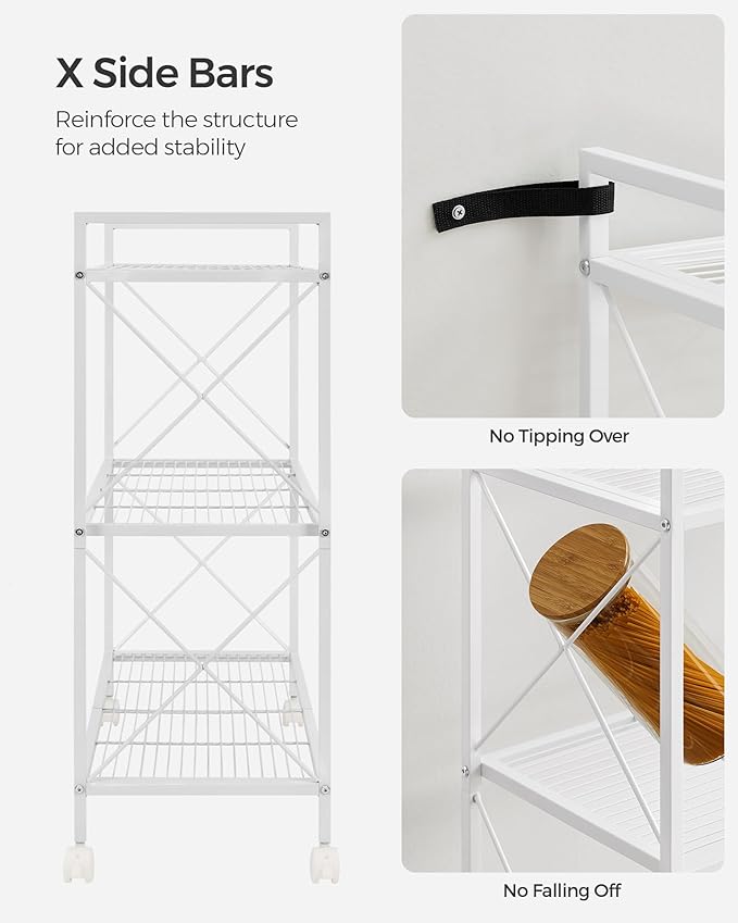 SONGMICS 3-Tier Metal Storage Rack with Wheels, Mesh Shelving Unit with X Side Frames, 31.5-Inch Width, for Entryway, Kitchen, Living Room, Bathroom, Industrial Style, White UBSC183W01