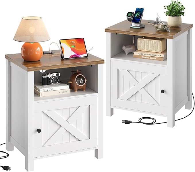 Marsail Farmhouse Nightstand Set of 2 with Charging Station, Wood Bedside Table with USB Port & AC Outlet, Open Shelf and Enclosed Cabinet, Side Table with Storage for Bedroom, Brown and White