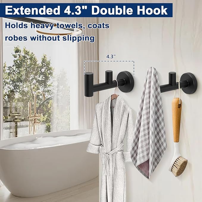 NearMoon Bathroom Double Towel Hook- SUS304 Stainless Steel Robe Towel Holder, Heavy Duty Double Coat Hook for Bathroom Livingroom Kitchen Wall Mounted (Matte Black-F, 2 Pack)