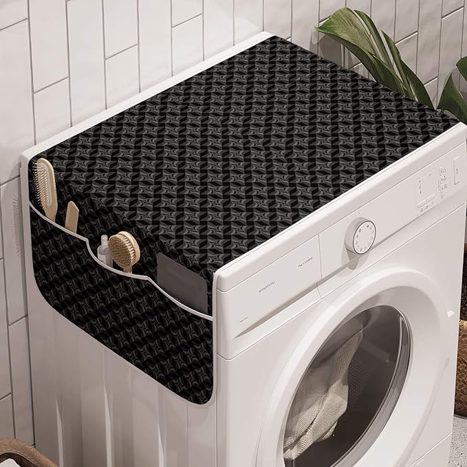 Ambesonne Charcoal Washing Machine Organizer Pack of 2, Monochromatic Pattern of Repetitive Geometric Stars, Anti-Slip Cover for Washers Dryers, 47" x 18.5", Grey Charcoal