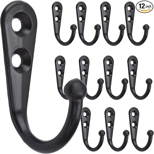 Alele 12Pcs Wall Mounted Coat Hooks,Single Prong Robe Hook for Hanging,Black-Painted (Black Single Rebo Hook 12p)