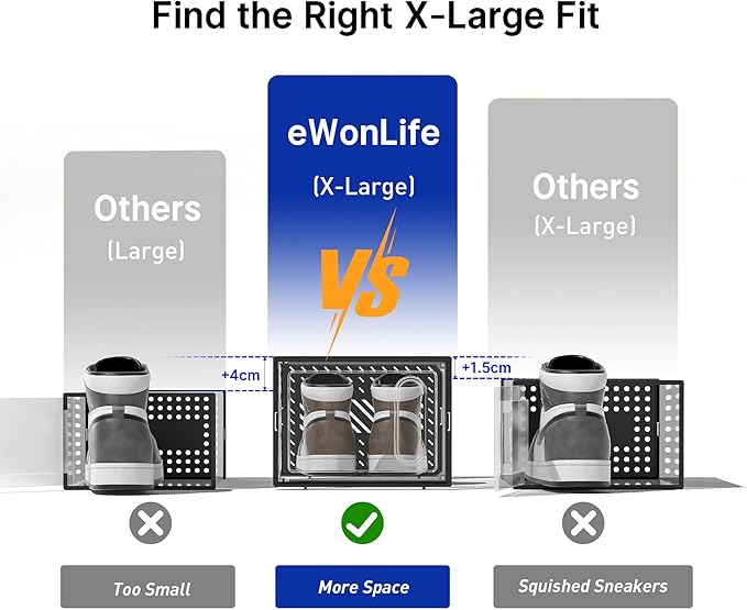 eWonLife Large Shoe Organizer Storage Box with Magnetic Door,12 Pack Clear Plastic Stackable Sneaker Containers for Closet, Connect Left and Right Shoe Box for Entryway, Drop Front, Under Bed (Blue)