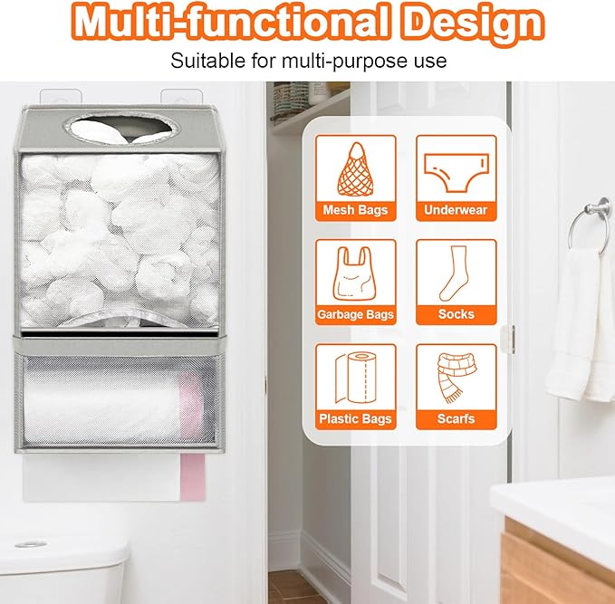 Wall Mount Plastic Bag Holder - Large Oxford Cloth Grocery Bag Holder, 2-in-1 Plastic Bags Organizer with Trash Roll Dispenser for Home Kitchen Closet Cabinets Sink, Gray