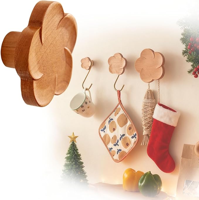 Cherry Wood Wall Hooks Flower-Shaped Wooden Coat Rack Wall Mount, Handcraft Coat Hooks Heavy Duty Entryway Wall Hangers for Hanging Hats, Bags, Clothes Decorative Hook (Diameter 5cm, Pack of 1)
