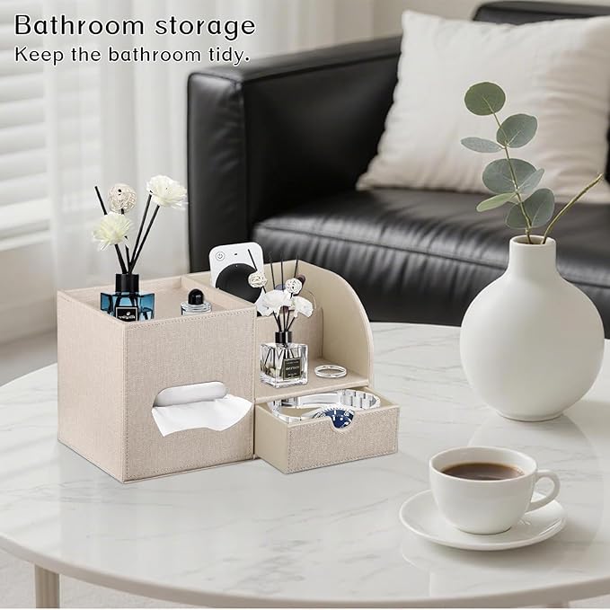 Fanousy Square Tissue Box Cover with Drawer Storage and Tray on Top, PU Leather Tissues Cube Boxes Holder, Modern Nightstand Organizer Caddy, Remote Control Holder for Bathroom, Bedside, Office, Home