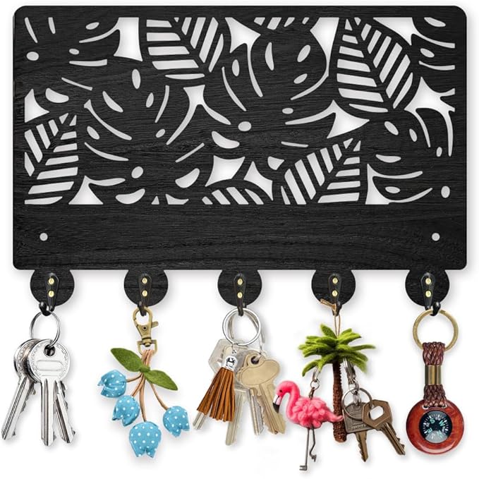MAYJOYDIY Monstera Background Key Holder for Wall Tropical Leaves Wood Key Hooks 11.8×7.9inch Key Hanger Rack with 5 Alloy Hooks for Entryway Front Door Kitchen Office Decoration