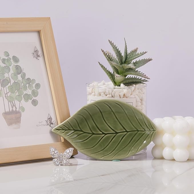 Jewelry Dish Trinket Tray for Women, Ring Dish Holder, Unique Leaf Shape Ceramic Plate Cute Things Vanity Aesthetic Room Decor Mother's Day Birthday Christmas Warm House Gifts (Green)