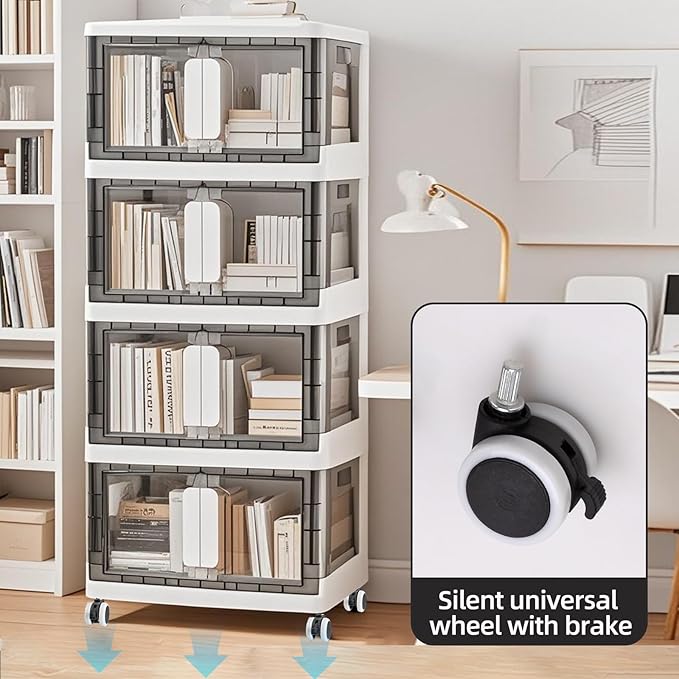 Folding Storage Organizer with Silent casters | Stackable Design for Home & Office, Heavy-Duty Plastic Storage Bin with Clear Door, 3 Sizes (19.5/23.5/27.5in),Black/White (27.6" 4 layer, White)