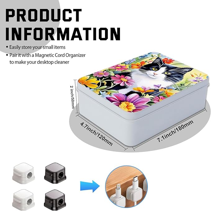Metal Tin Box with Lid,Multi-functional Storage Large Box Can Store Tea Biscuits Game Cards, Playing & Tarot Cards-Comes with 4 Magnetic Cord Clips,Tuxedo Cat in Flowers