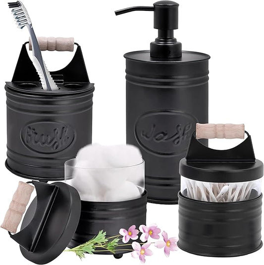 Autumn Alley Rustic Bathroom Accessories Set Black Farmhouse Soap Dispenser, Matte Black Toothbrush Holder, 2 Apothecary Jars Qtip Holder Glass - Rustic Bathroom Decor, Farmhouse Bathroom Accessories
