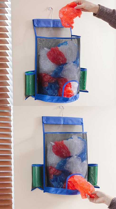 ALYER Hanging Mesh Grocery Bag Holder,Plastic Garbage Bag Dispenser Organizer with Hanger for Kitchen Cabinet Bathroom Laundry,Installation Free (Black, 17.7" H * 10.6" W * 10" D)