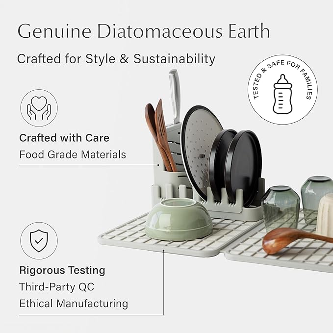 Dorai Home Collapsible Dish Drying Rack with Stone Dish Pad - Kitchen Counter Set with Diatomaceous Earth Stone Dish Mat for Quick Drying - Space-Saving Design - Large 24.6" x 16.5", Sandstone