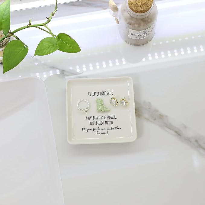 HOME SMILE Dinosaur Ring Dish Tray-Inspirational Gift Basket Stuffers for Women Friends-Cute Birthday Gift for Coworker Friend College Graduation Motivational Decor