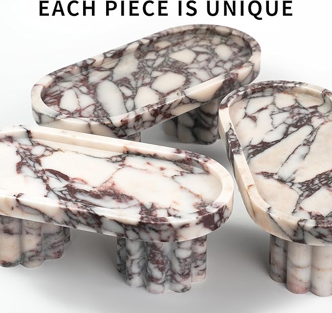 Marble Perfume Tray with Legs - Oval Decorative Stone Pedestal for Bathroom Vanity Coffee Table Kitchen Countertop, Footed Jewelry Candle Organizers Catchall Plate Riser with Scalloped Feet