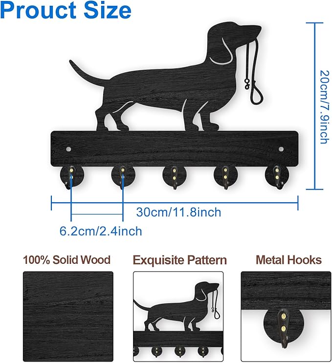 MAYJOYDIY Wood Coat Rack 11.8x8inch Pet Animal Key Holder Hooks Wall Key Rack with 5 Alloy Hooks Dog Leash Holder Wall Art Decor for Dog Lover Gift Entryway Farmhouse Porch