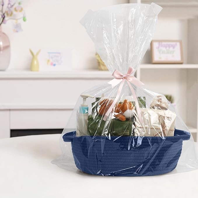 Dark Blue Small Woven Basket, 13â x 9â x 5â Baskets for Gifts Empty, Cotton Rope Gift Basket, Cute Nursery Baby Organizer, Cat Dog Toy Box, Oval Wicker Storage Bin with Handle